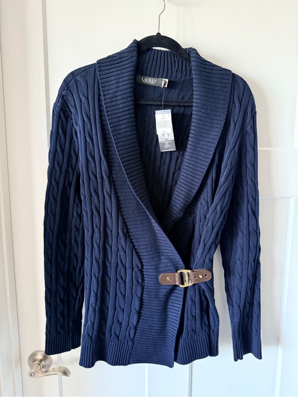 Lauren Ralph Lauren Navy Cable-Knit Shawl Cardigan Sweater with Buckle NWT XL
